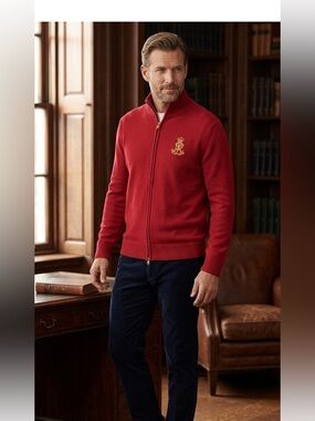 Lauren Ralph‎ Lauren Mens Red Full Zip equestrian Sweater Gold Crest Logo Large